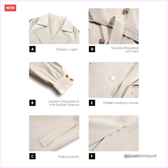 Long Trench Coat Oversized Double Breasted Lapel Overcoat Outerwear with Belt - Picture 6 of 7